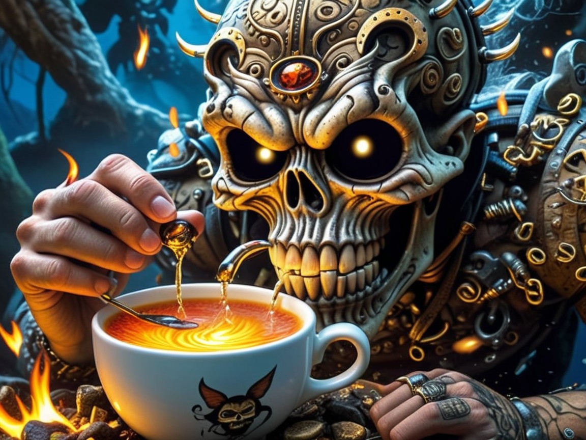 Glowing Skull with Tea in Mystical Dark Setting