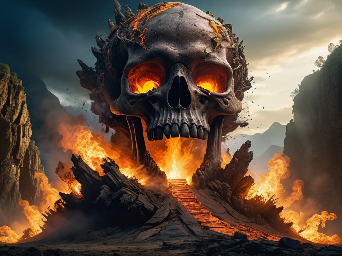 Skull Entrance to Fiery Cave with Dramatic Landscape