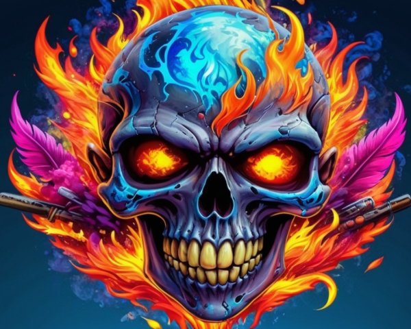 Vibrant Skull Illustration with Flames and Feathers
