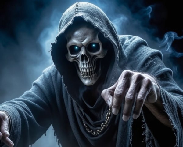 Menacing Figure in Dark Robes with Glowing Eyes