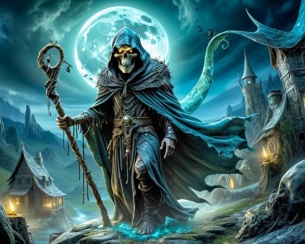 Hooded Figure in Misty Landscape with Full Moon