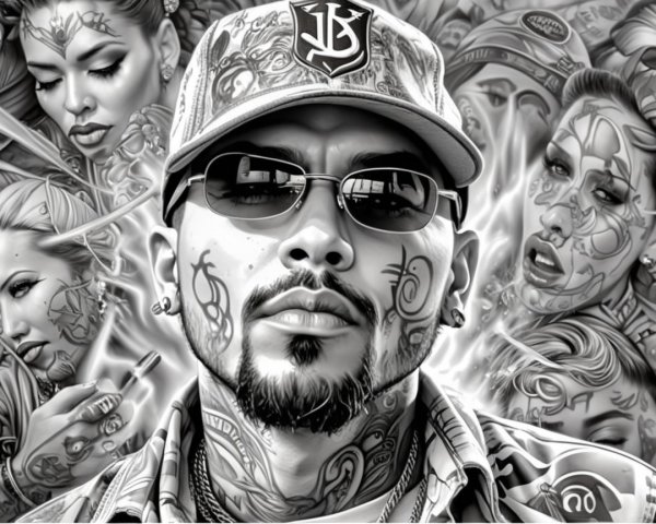 Tattooed Man Surrounded by Intricate Portraits