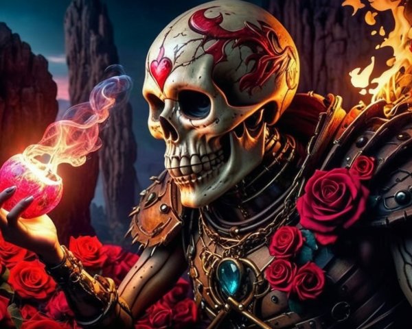 Vibrant Skeleton with Glowing Apple and Roses