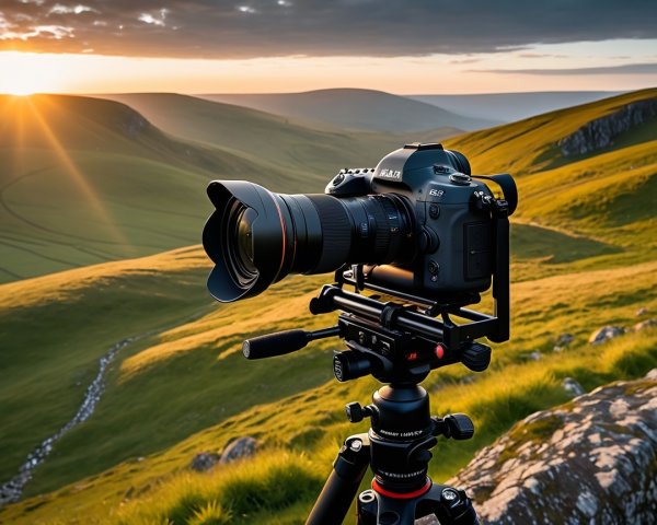 Professional Camera Capturing Sunset Landscape Scene