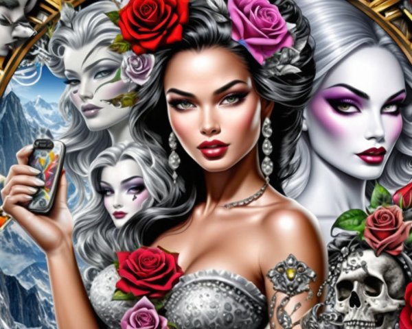Woman with Roses in Hair Surrounded by Ethereal Figures