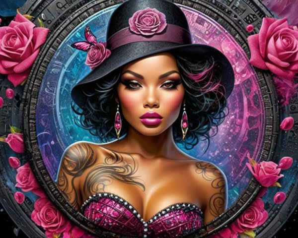Portrait of a Woman with Tattoos and Stylish Hat