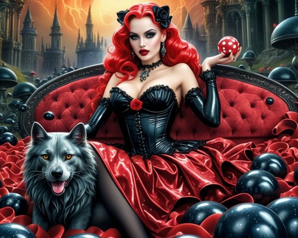 Vibrant Woman on Crimson Sofa in Gothic Landscape
