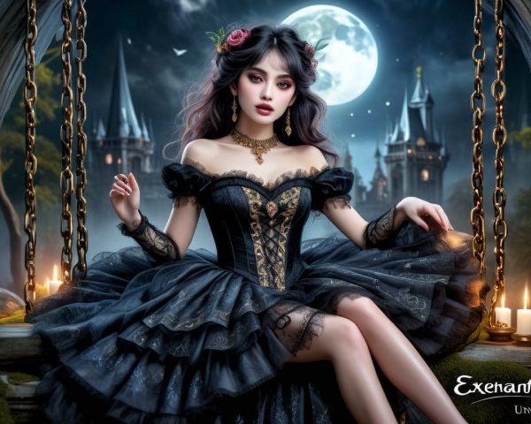 Young Woman on Swing in Elegant Gown with Castle Background