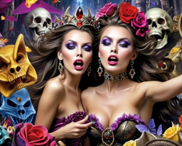 Glamorous Women in Elegant Dresses Surrounded by Roses