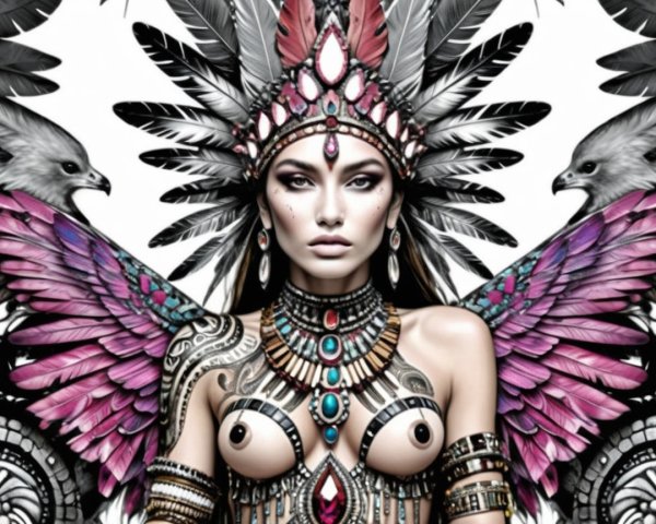 Vibrant Figure with Feathers and Intricate Jewelry