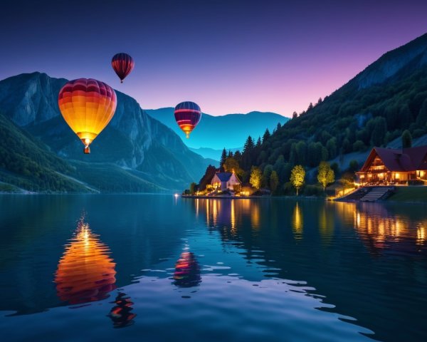 Serene Twilight Landscape with Hot Air Balloons and Lake