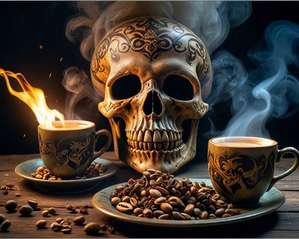 Stylized Skull Surrounded by Coffee Cups and Beans