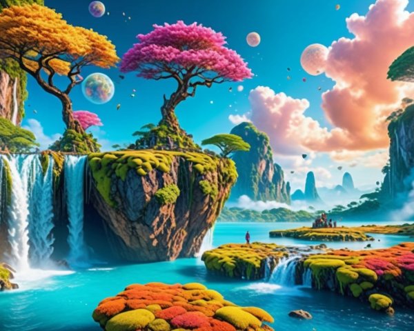 Surreal Landscape with Floating Islands and Waterfalls