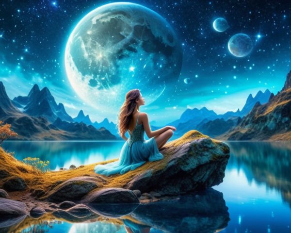 Young woman by tranquil lake under a glowing moon