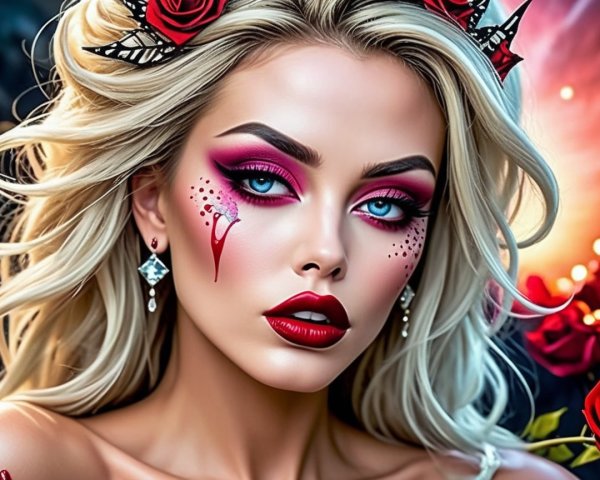 Portrait of a woman with dramatic red and pink makeup