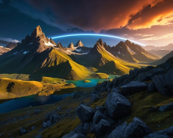 Dramatic Sunset Over Jagged Mountains and Lakes