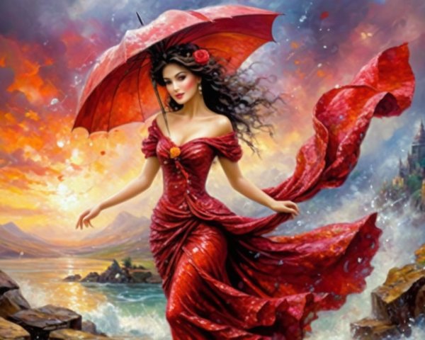 Elegant Woman in Red Gown with Sunset Backdrop