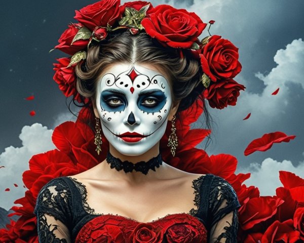 Portrait of a Woman with Sugar Skull Makeup and Roses