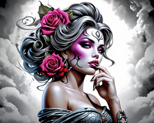 Striking Woman with Silver Hair and Pink Roses