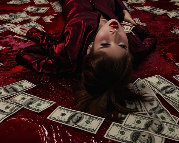 Dramatic Scene of Figure on Crimson Floor with Money