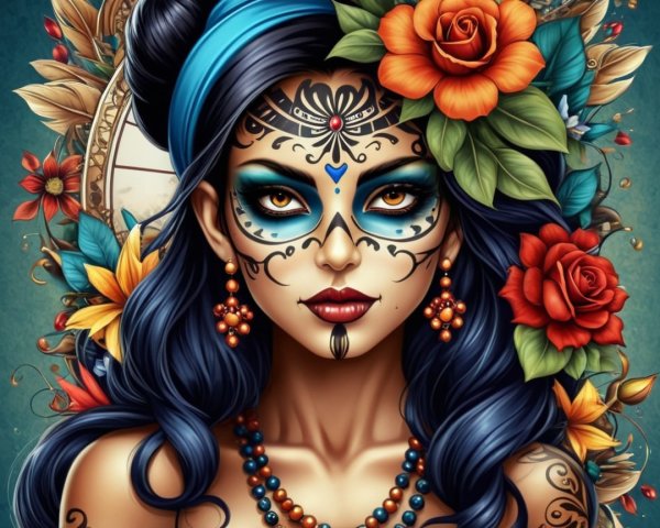 Woman with Decorative Mask and Floral Background