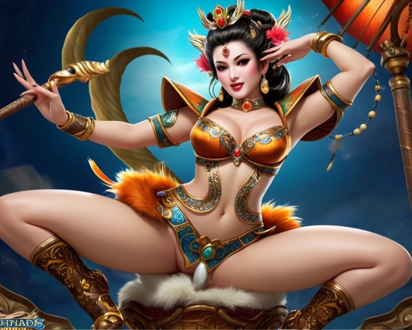 Fantastical Female Figure in Ornate Armor and Accessories