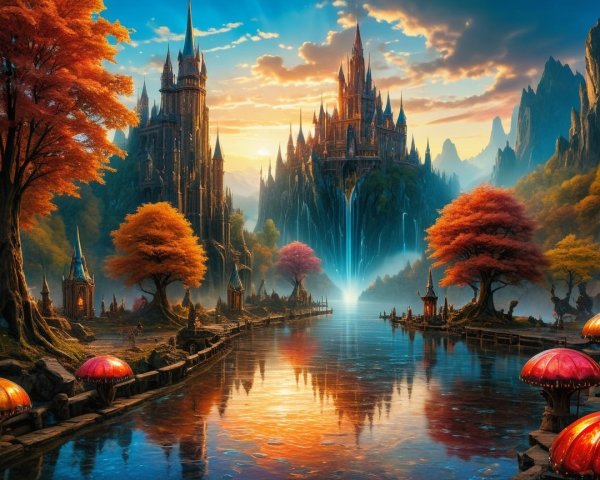 Vibrant Fantasy Landscape with Castles and Waterfall