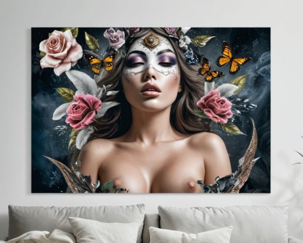 Woman with Face Paint and Floral Crown in Dark Setting