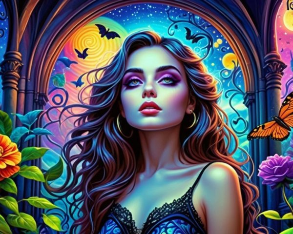 Surreal Portrait of a Young Woman in a Colorful Scene