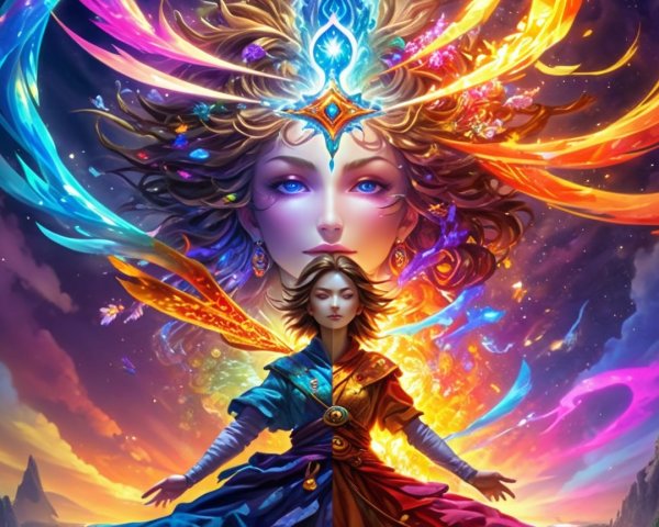 Mystical Scene with Vibrant Colors and Cosmic Landscape