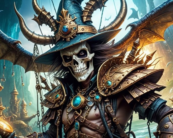 Skeletal Figure in Ornate Armor in Enchanted Landscape