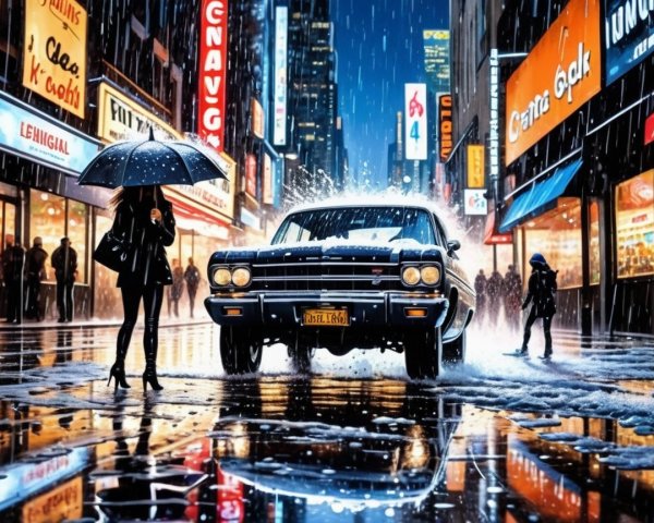 Vintage Car in Rainy Urban Street with Neon Lights
