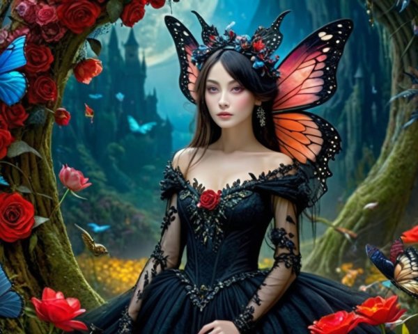 Mystical Woman in Black Gown with Butterfly Elements