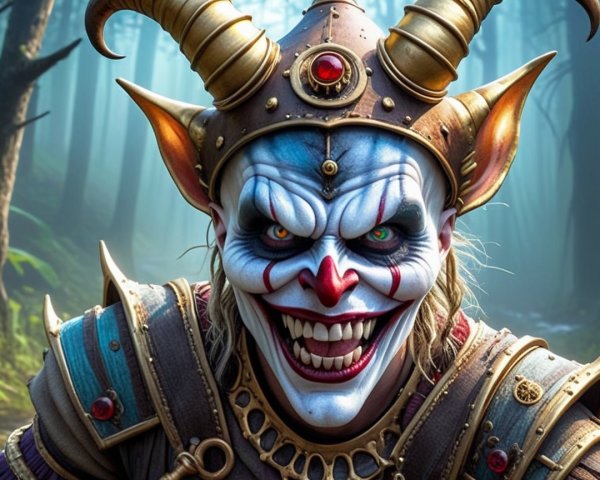 Sinister Jester with Vibrant Face Paint in Misty Forest