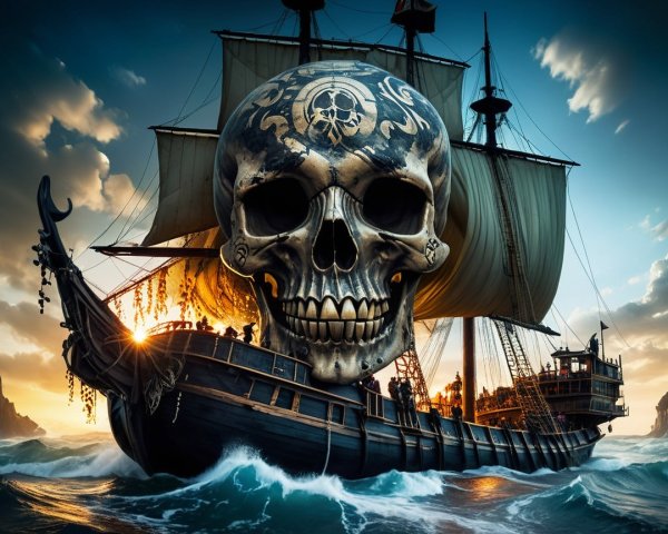 Pirate Ship with Skull Figurehead in Turbulent Waters