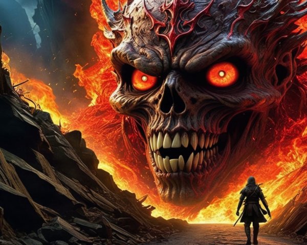 Colossal fiery skull in a dramatic fantasy landscape