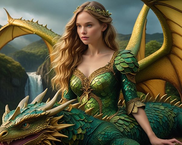 Fantasy Scene with Woman on Green Dragon in Mountains
