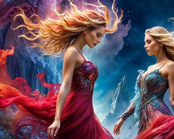 Ethereal Women Representing Fire and Water Elements