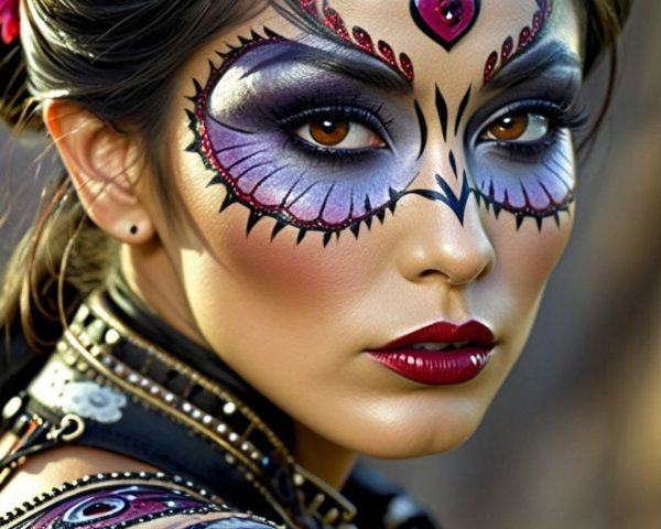Close-Up of Woman with Intricate Sugar Skull Face Paint