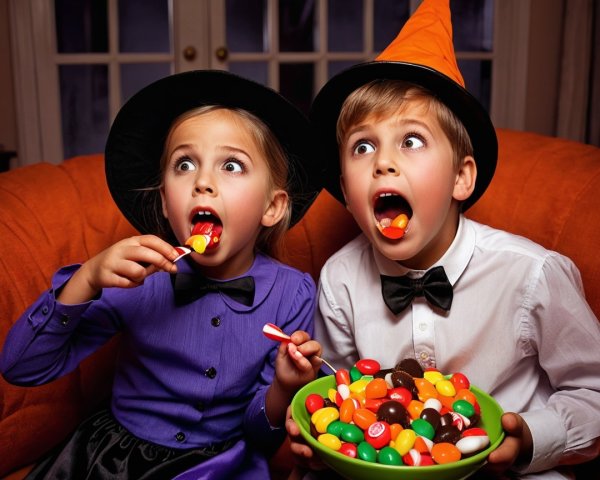 Children in Halloween Costumes on an Orange Couch