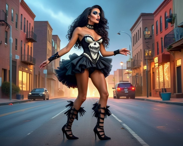 Confident Figure in Black and White Corset on Street