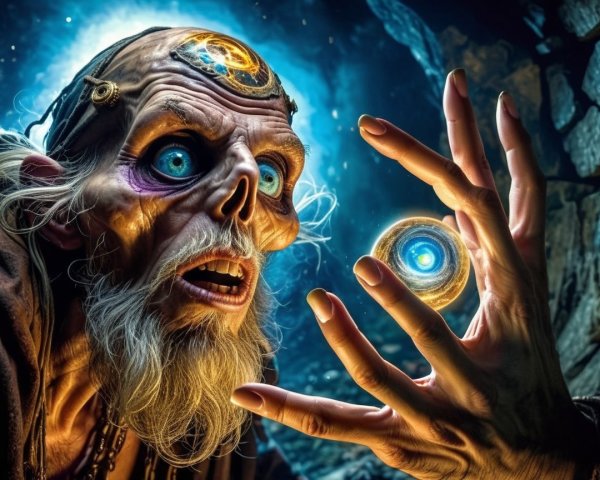 Ancient Sorcerer Holding a Glowing Orb in Darkness