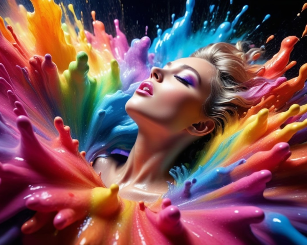 Vibrant Woman Surrounded by Colorful Paint Splashes