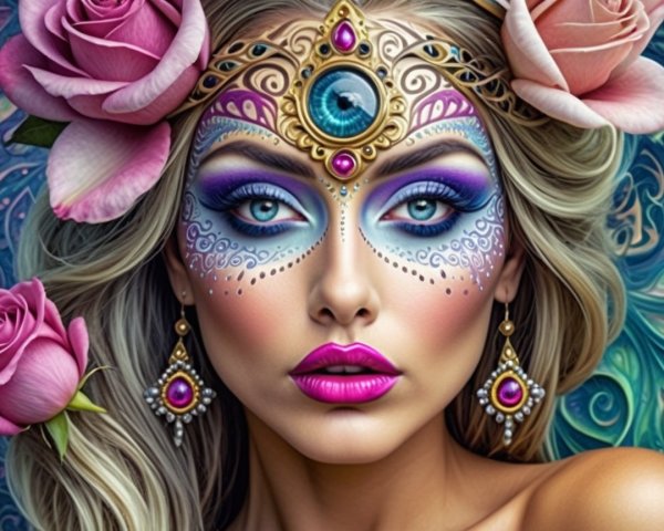 Portrait of a woman with colorful face makeup and crown