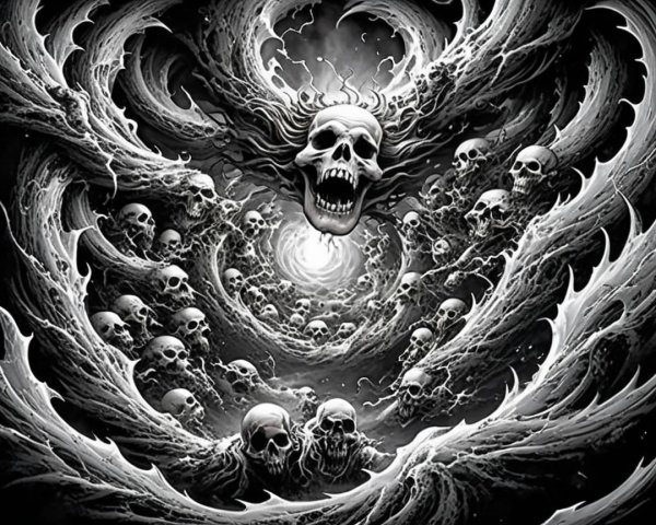 Haunting Black-and-White Scene with Skulls and Darkness