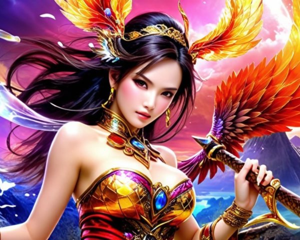 Warrior in Jewel-Encrusted Armor at Sunset Sky