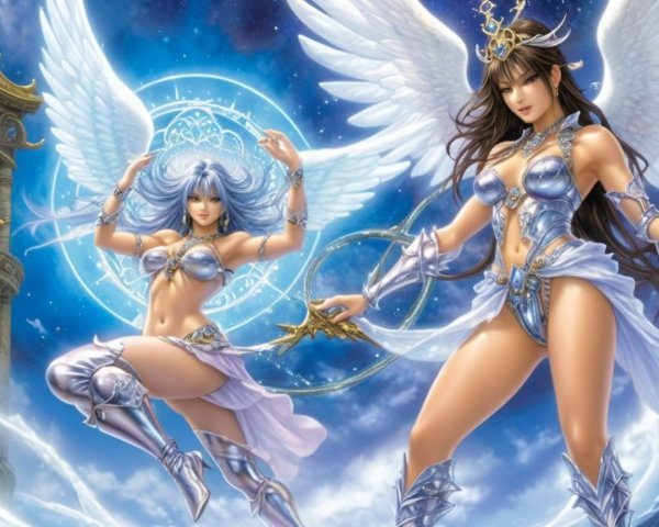 Ethereal Female Figures with Wings in Celestial Scene