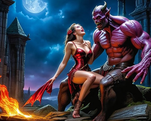 Twilight Landscape with Woman and Purple Demon