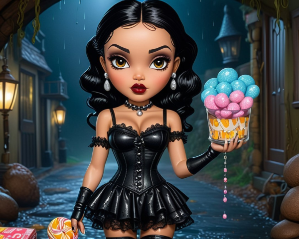 Stylish Doll in Dark Whimsical Setting with Accessories