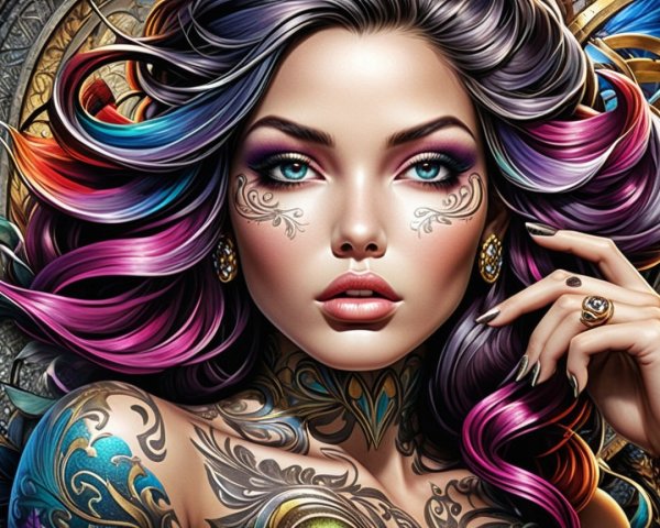 Stunning Woman with Multicolored Hair and Tattoos